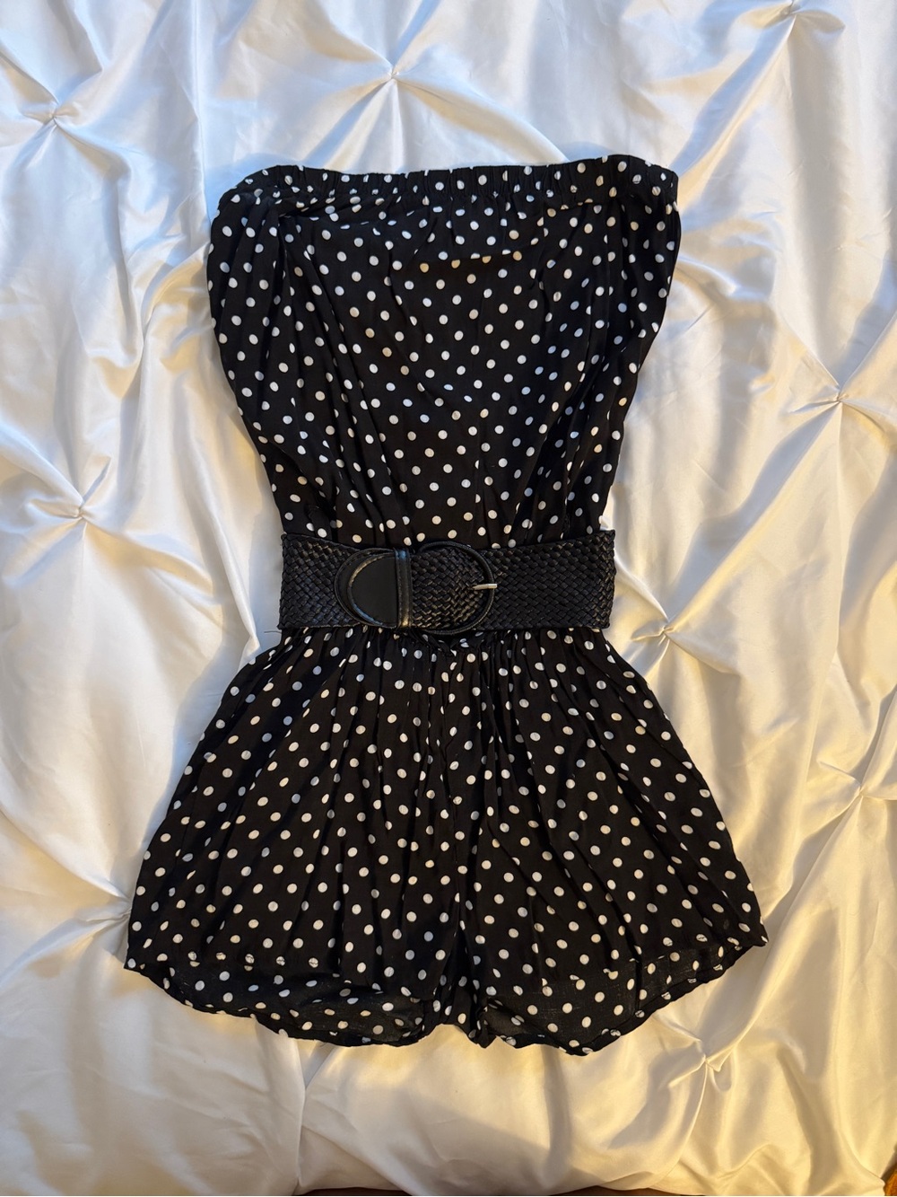 Black and White Polka Dot Womens Shorts Romper with Belt XS